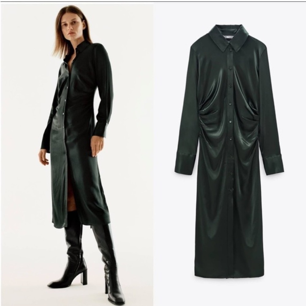 Zara Dark Green Satin Shirt Dress